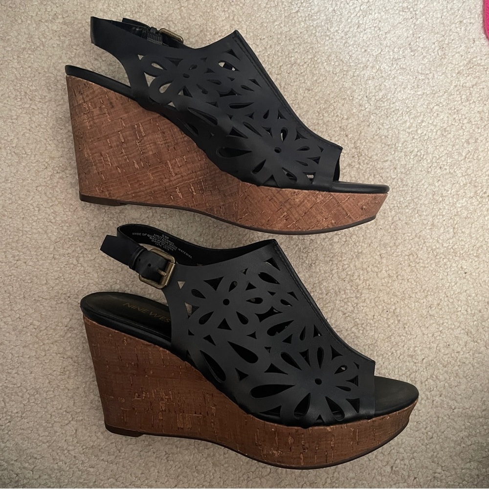 Nine West black leather wedges